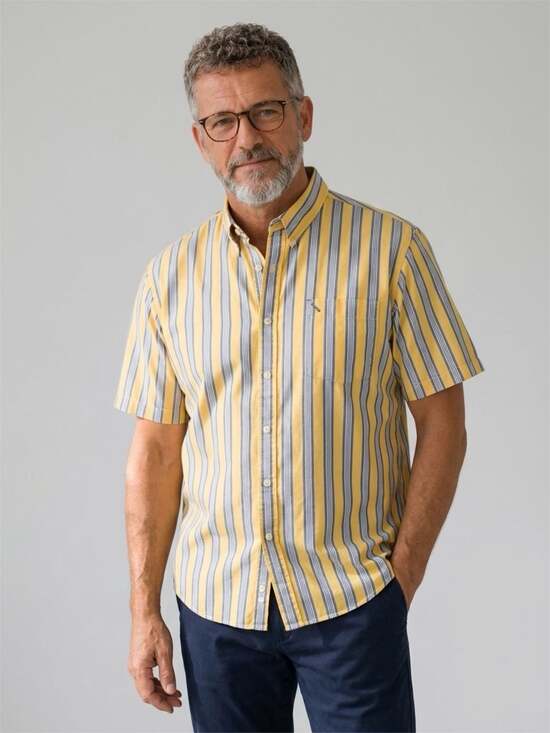 London Fog Other - London Fog Short Sleeve Button-Down Shirt, Yellow and Blue Striped, 100% Cotton
